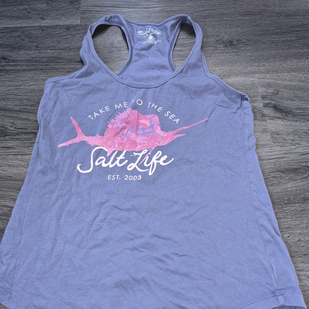 Salt Life Women's Purple Razorback Tank Top. Take Me To The Sea. Pink Swordfish